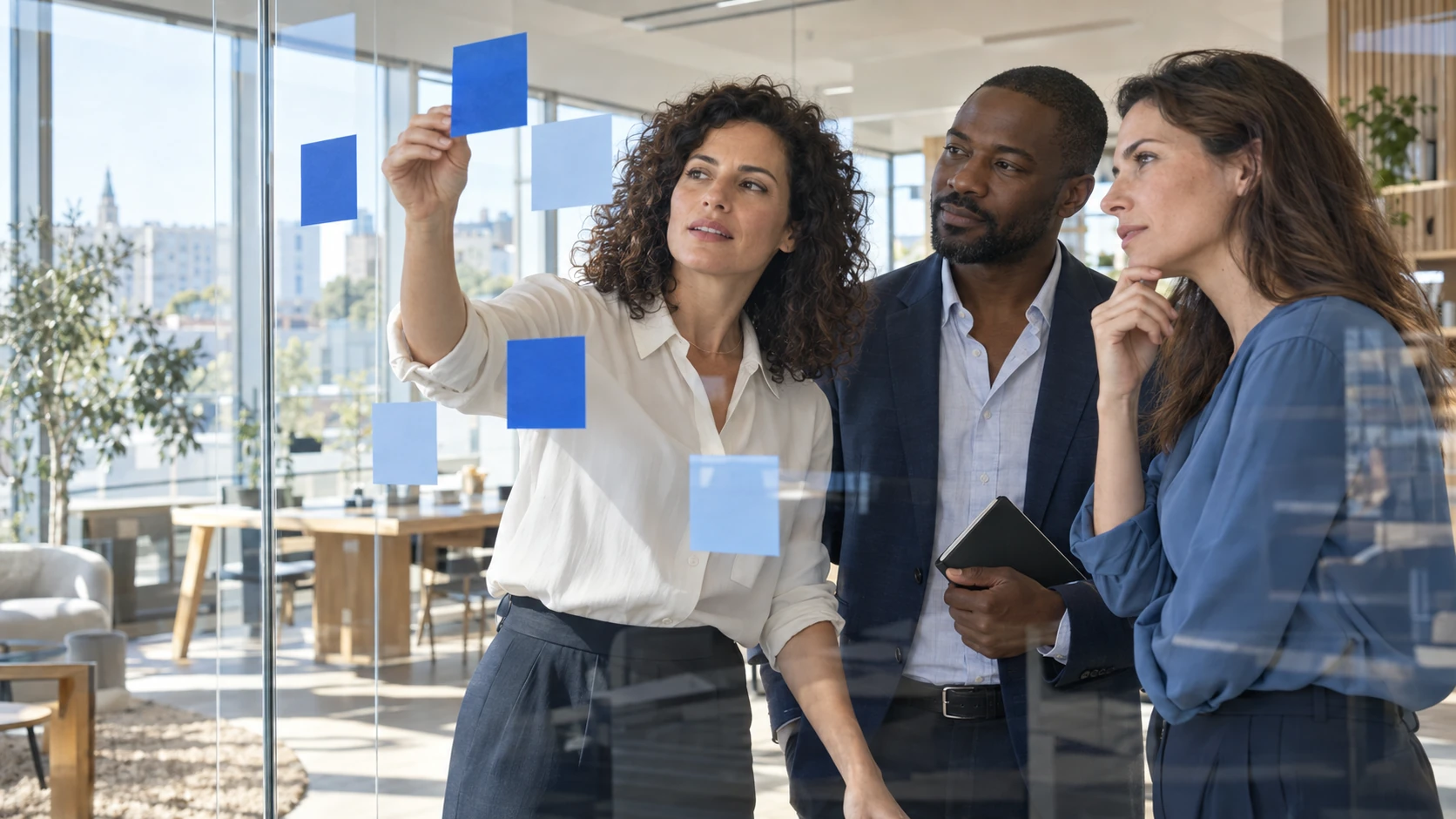 Une équipe IT échange devant des écrans de développement.