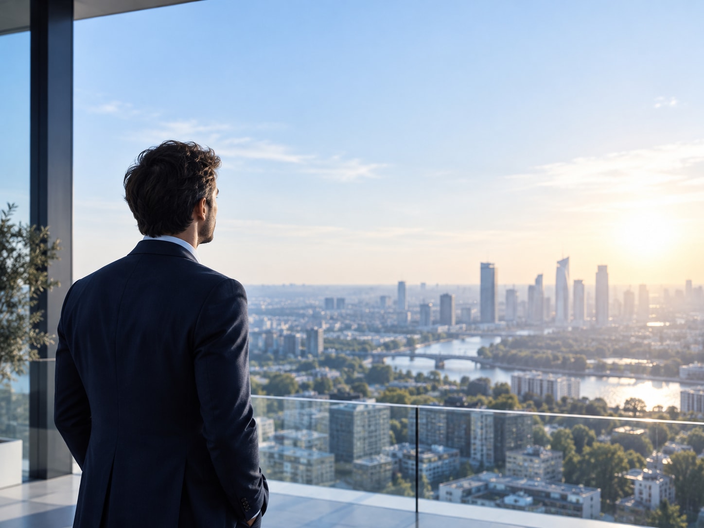 Une personne regarde la ville depuis une baie vitrée.
