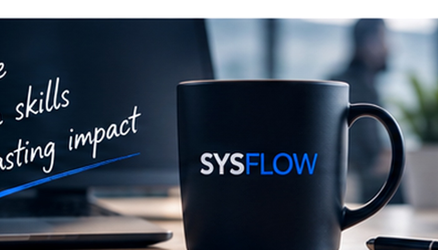 Un espace de travail avec un ordinateur et une tasse SYSFLOW.