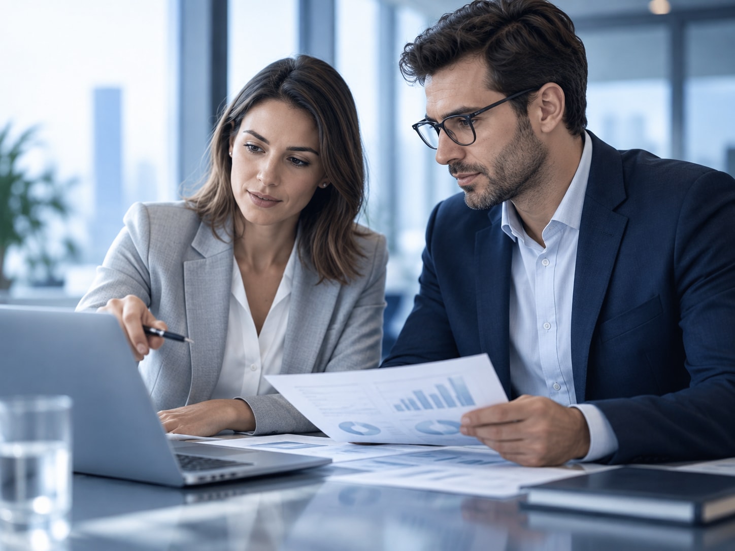 Deux professionnels échangent sur des documents et un projet ERP.