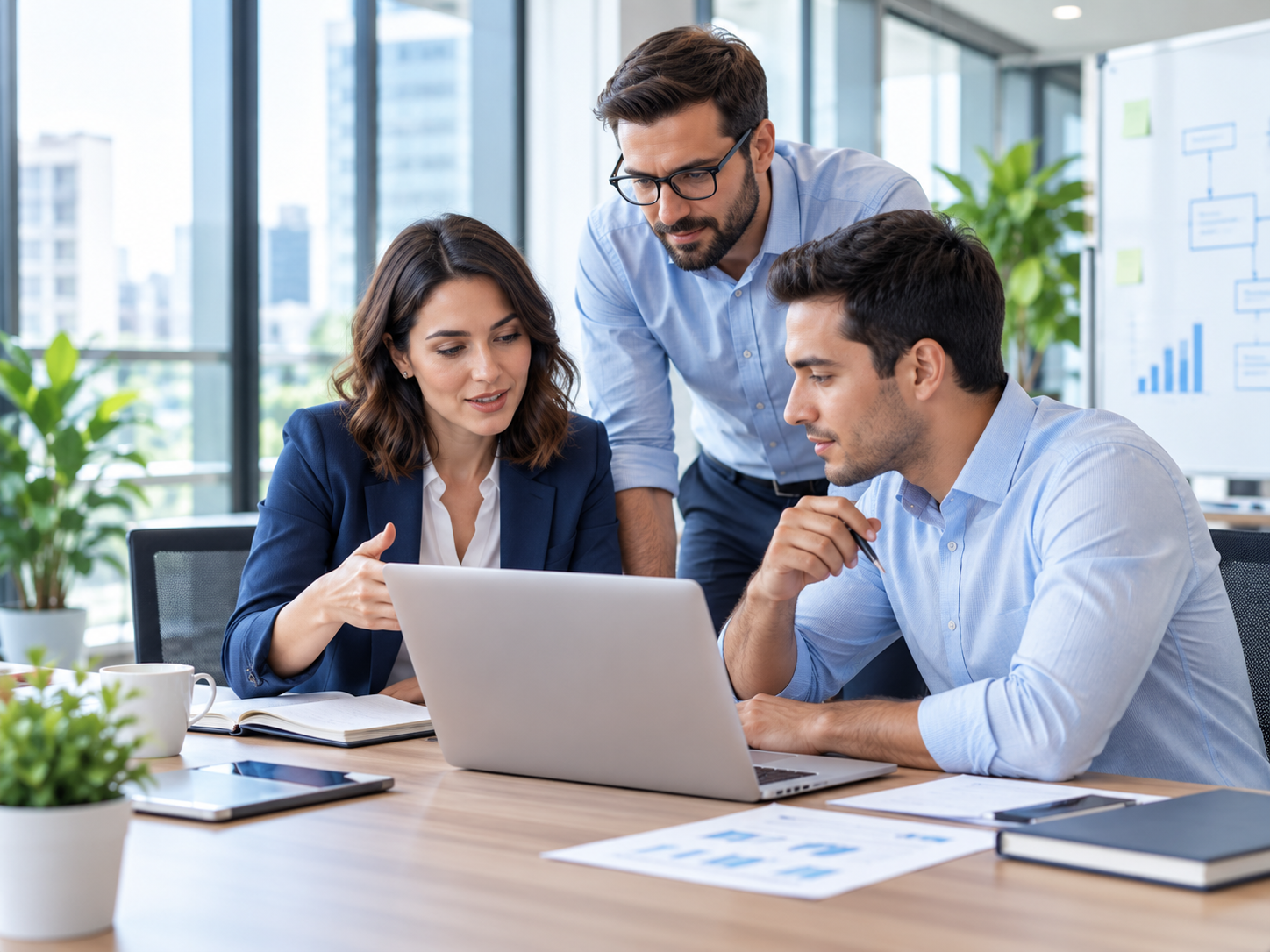Trois professionnels préparent un déploiement autour d’un ordinateur.