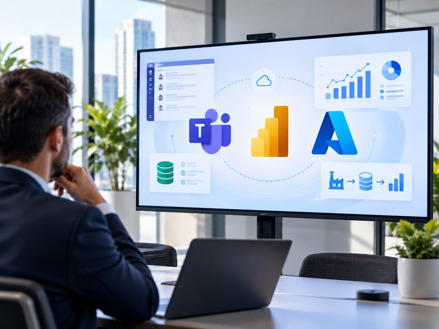 Tableau de bord illustrant les flux opérationnels et les outils Microsoft.