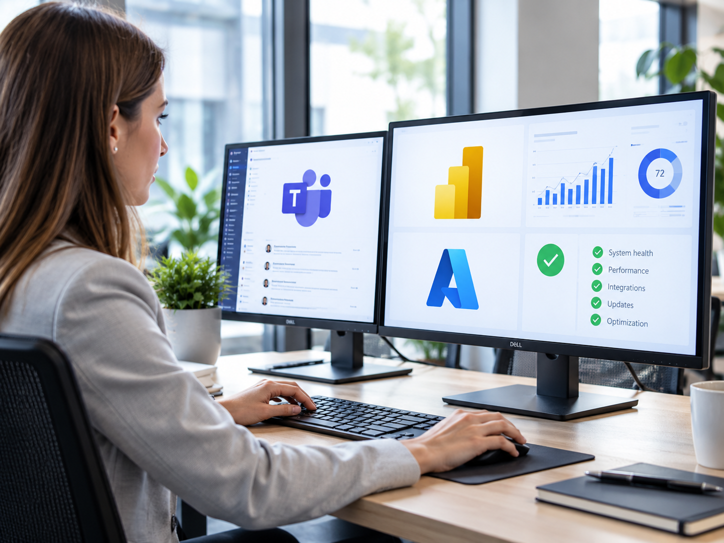 Une professionnelle travaille avec les outils de l’écosystème Microsoft.