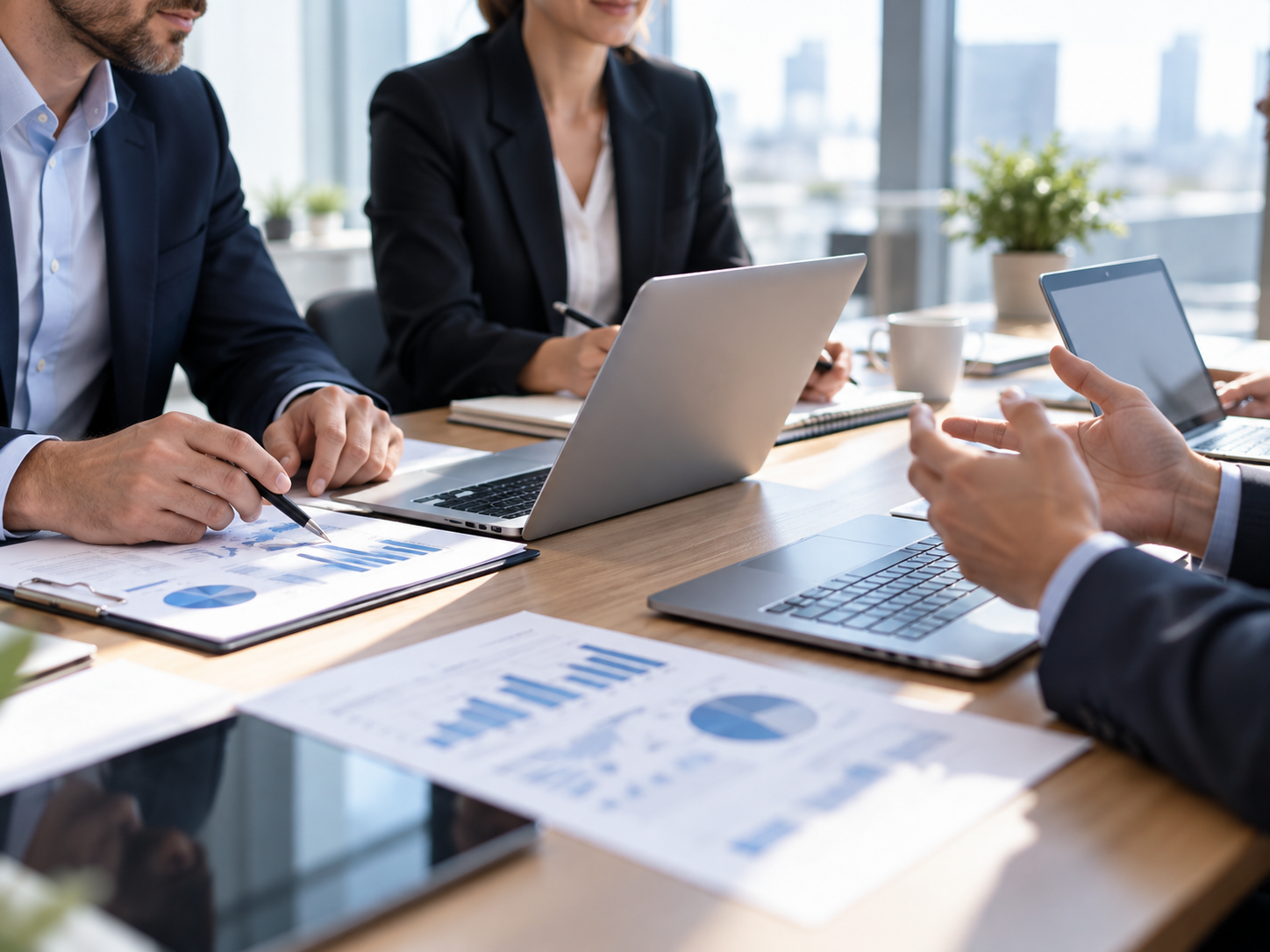 Équipe de consultants analysant des documents et tableaux de bord autour d’un ordinateur.