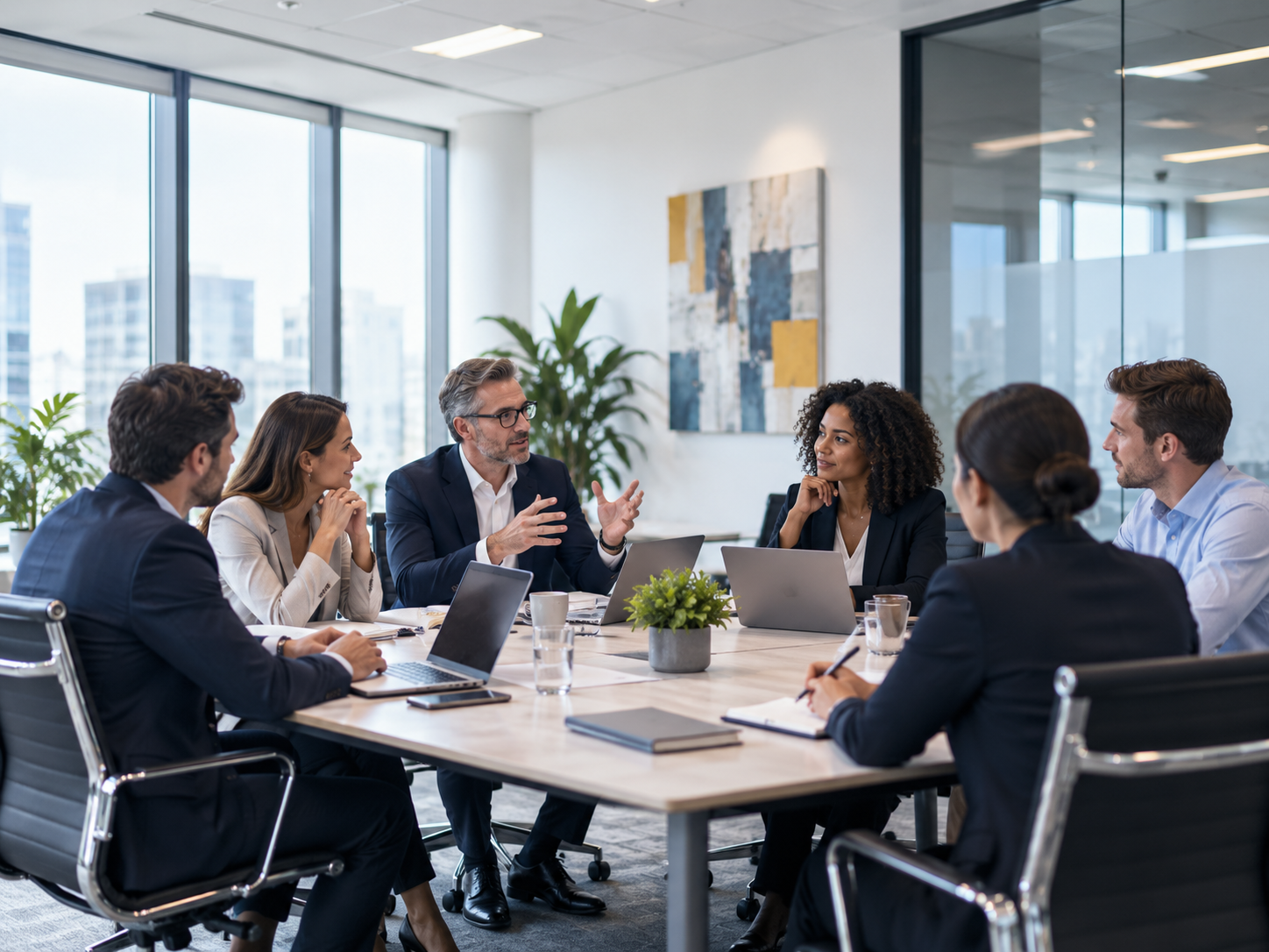 Équipe réunie dans un environnement professionnel lumineux.