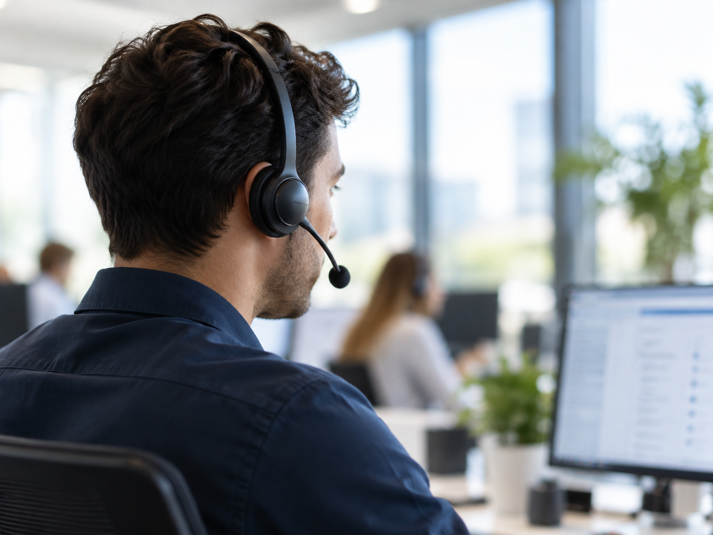 Un spécialiste du support équipé d’un casque travaille sur ordinateur.